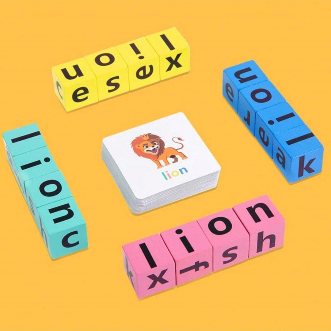 Kids Education Material - 子供用アルファベットスペルボードゲーム、16文字ブロック+40枚の単語カード、家族向け英語啓発教育玩具、家族の集まりやギフトに最適。