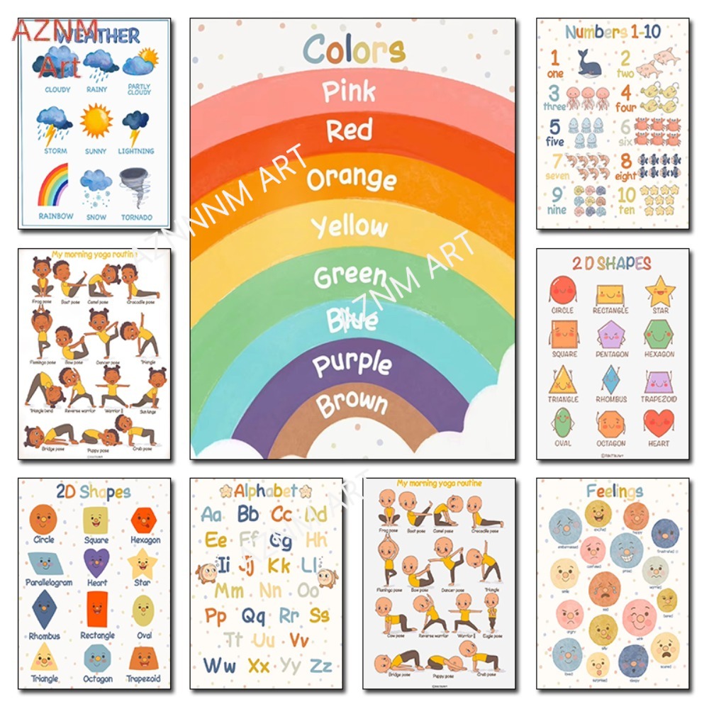 Kids Yoga Education - 1PC、モンテッソーリ教育キッズヨガカラー幾何学的形状天気ポスタープリントウォールアート写真キャンバス絵画ルームホーム