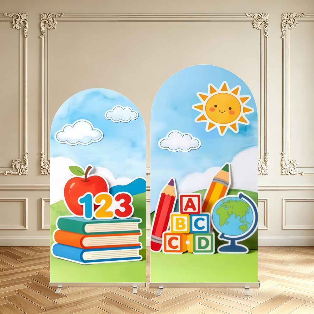 Kids Education Background - 新学期装飾アーチ型背景カバー、リンゴ、本、数字、アルファベット、子供、就学前教育、両面アーチ型カバー背景