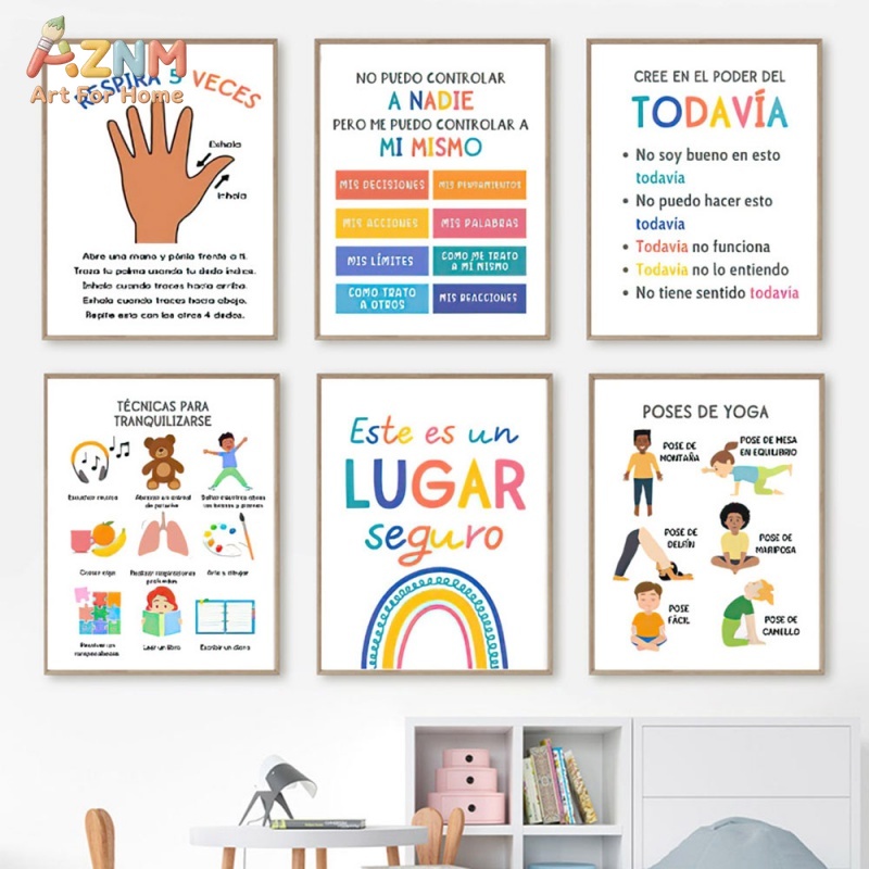Kids Yoga Education - AZNM スペイン語キッズメンタルヘルスキャンバスプリント カームダウンヨガ 呼吸安全空間 ポジティブ成長マインドセット 教室教育用