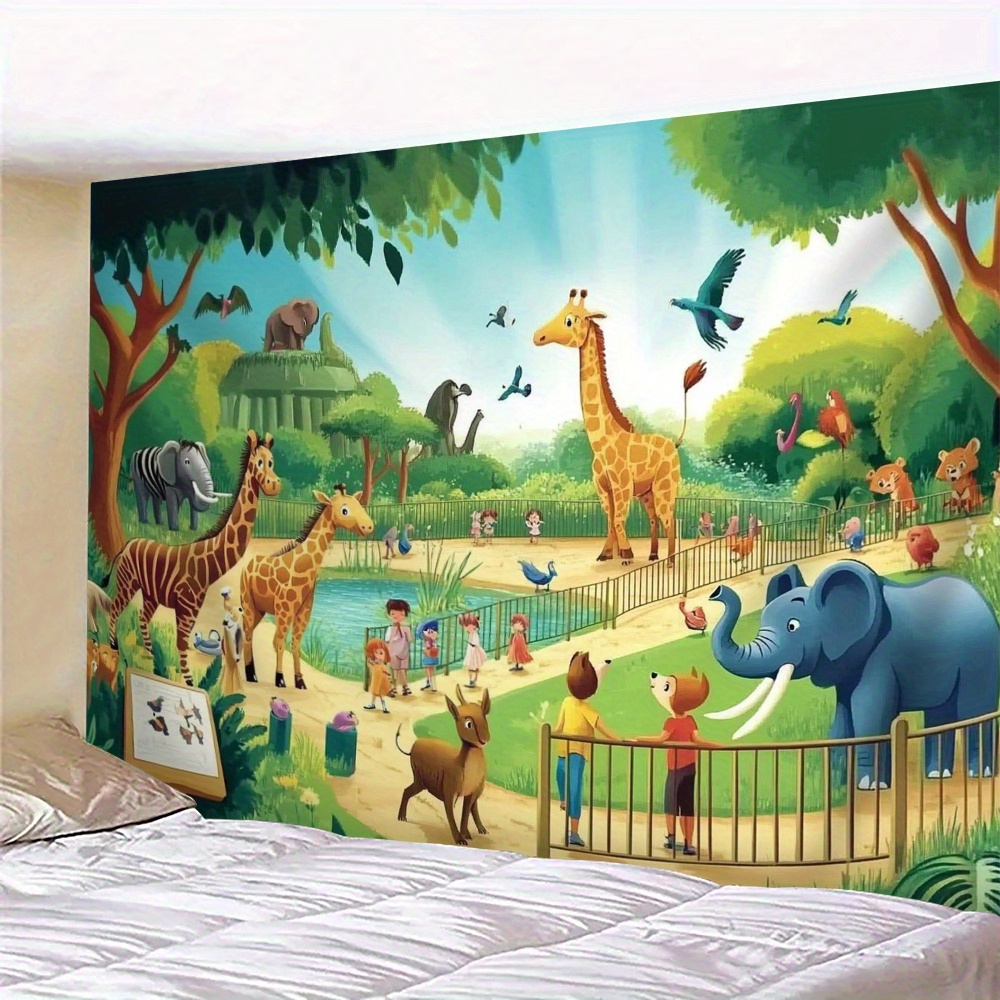 Kids Education Background - 1pc 漫画動物園動物キリン象子供プレイルームタペストリー教育壁アート保育園装飾サファリアドベンチャー背景