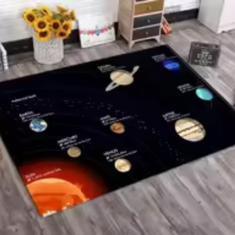 黒色の背景に太陽系の惑星が描かれた大きなフェルト製エリアラグ - Kids Education Background のレビューと価格