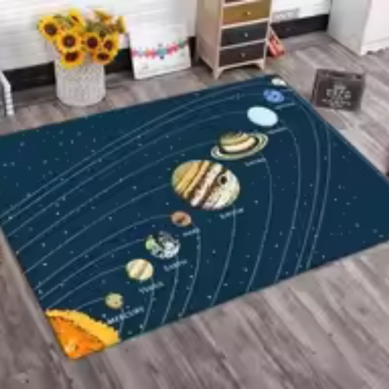 黒色の背景に太陽系の惑星が描かれた大きなフェルト製エリアラグ - Kids Education Background のレビューと価格