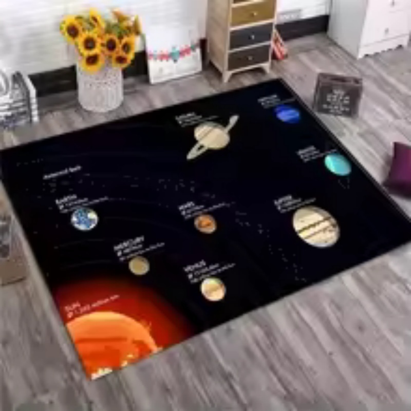 黒色の背景に太陽系の惑星が描かれた大きなフェルト製エリアラグ - Kids Education Background のレビューと価格